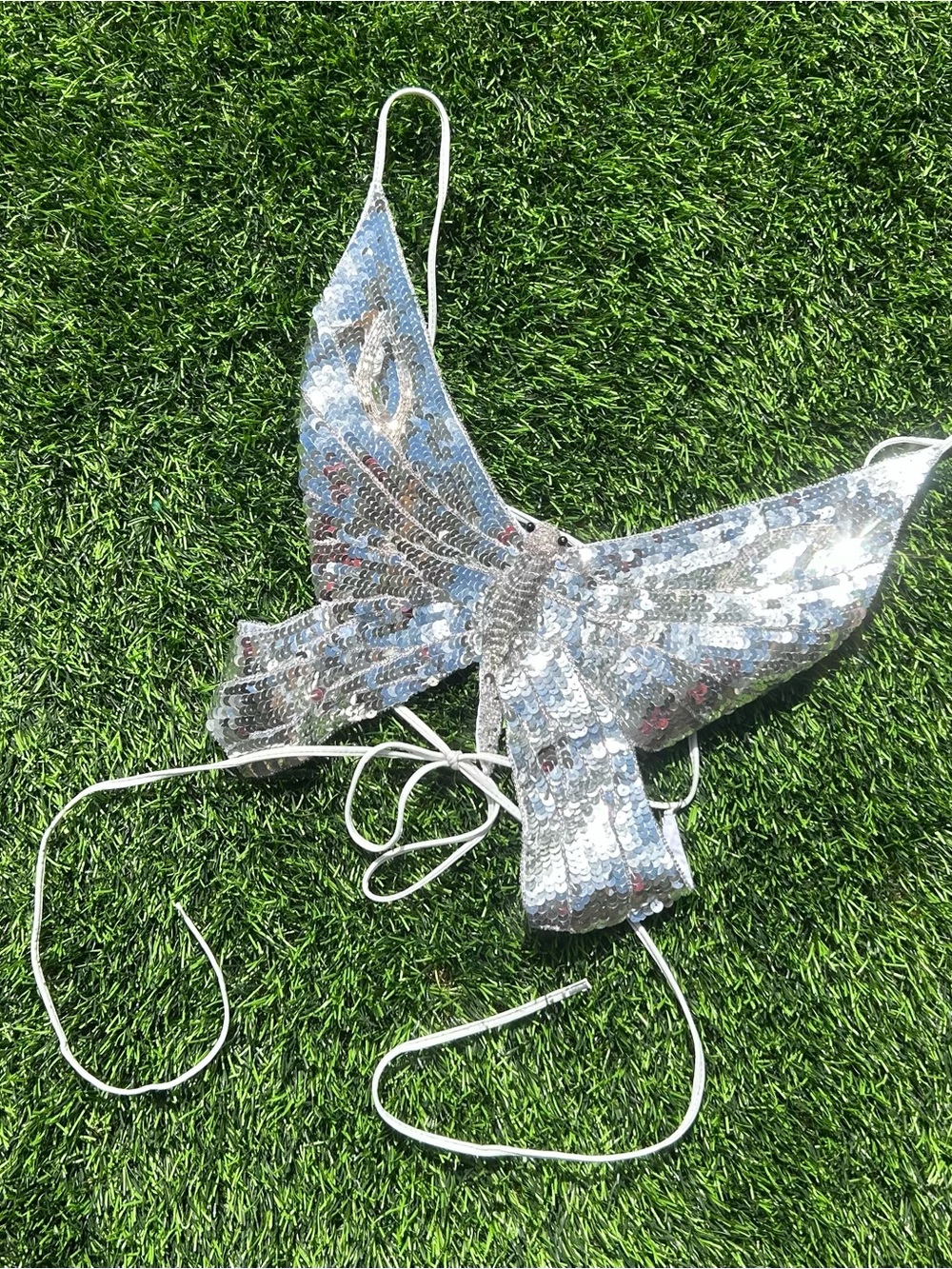Butterfly open back tie silver sequence shimmer padded